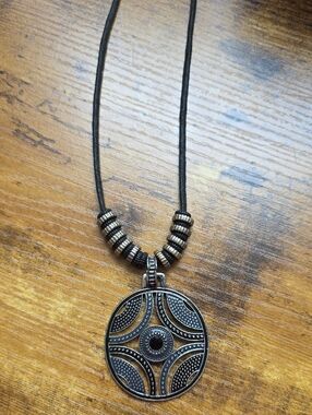 Black and Gold-Tone Round Medallion Necklace with Beaded Cord - Stylish Pendant